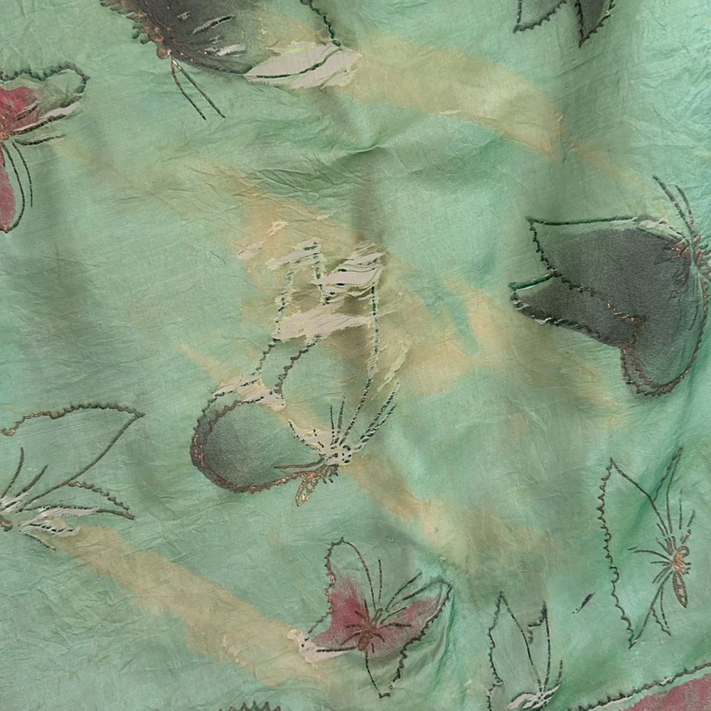 Vtg Brico 5 1/2 Momme green silk artsilk scarf painted with butterflies- AS IS - Picture 7 of 11
